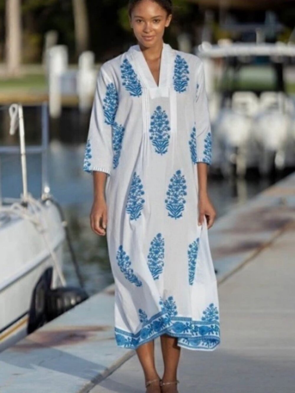 Bindu Clarissa Cotton Floral Maxi Dress - Blue/White - Size Medium